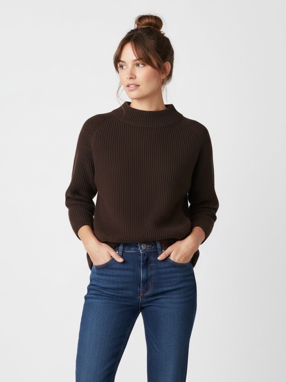 Ann Taylor | Brown minimalist mock neck knit pullover sweater size small petite